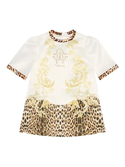 Roberto Cavalli Babies' Jaguar-print Satin Dress In Neutral