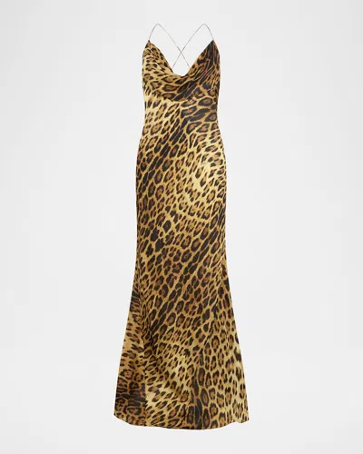 ROBERTO CAVALLI JAGUAR-PRINT SILK DRAPED BACKLESS GOWN