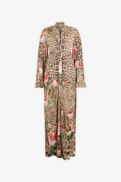 Roberto Cavalli Jaguar Roses Print Dress In Neutral
