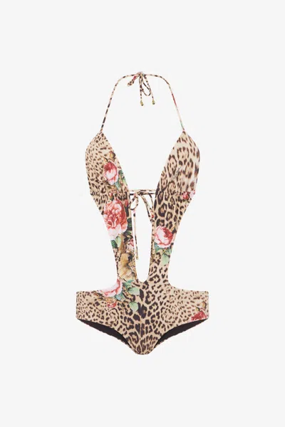Roberto Cavalli Jaguar Roses Print One-piece Swimsuit In Multi