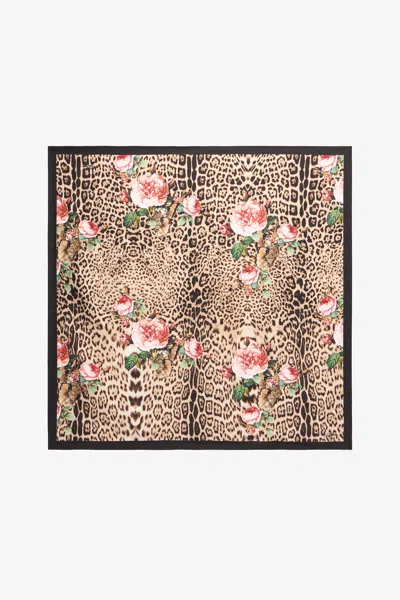 Roberto Cavalli Jaguar Roses Print Scarf In Brown