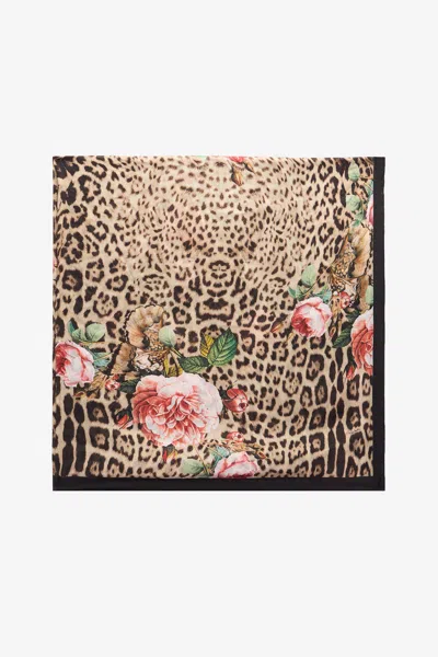 Roberto Cavalli Jaguar Roses Print Scarf In Brown