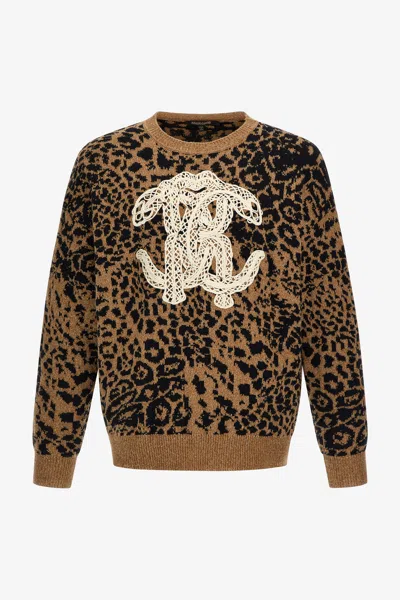 Roberto Cavalli Jaguar Skin And Monogram Rc Print Sweater In Brown