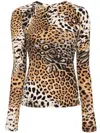 Roberto Cavalli Jaguar Skin-print Cut-out Blouse In Neutrals