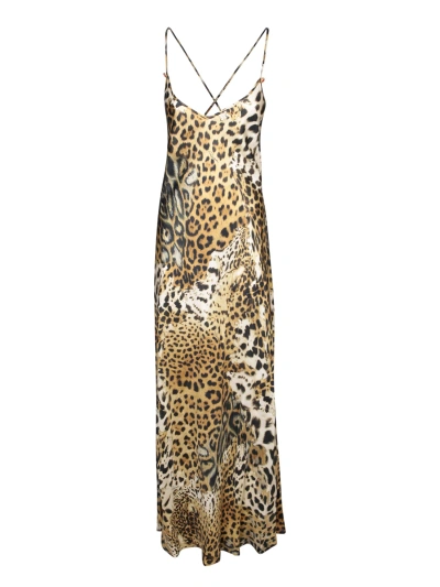 Roberto Cavalli Jaguar Skin Print Dress In Beige