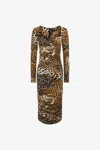 Roberto Cavalli Jaguar Skin-print Ruched Dress In Light Brown
