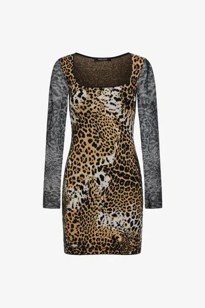 Roberto Cavalli Jaguar Skin Print Dress In Light Brown