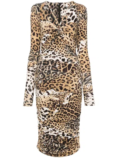 Roberto Cavalli Jaguar Skin-print Ruched Dress In Light Brown