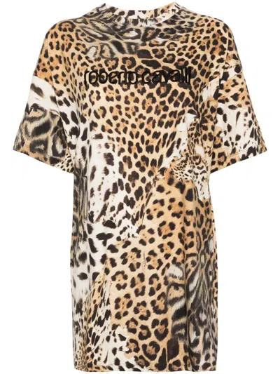 Roberto Cavalli Jaguar Skin-print T-shirt Minidress In Neutrals