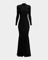Roberto Cavalli Jaguar Velvet Mock-neck Long-sleeve Trumpet Gown In Black