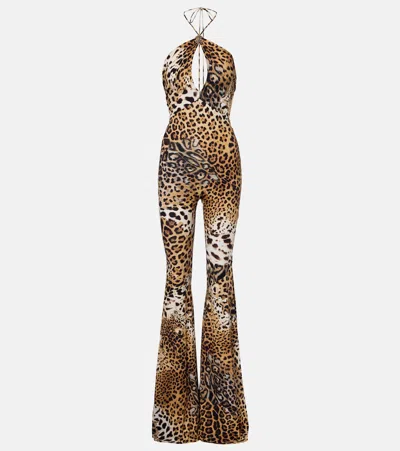 Roberto Cavalli Jaguar-print Cutout Jersey Jumpsuit In Multi