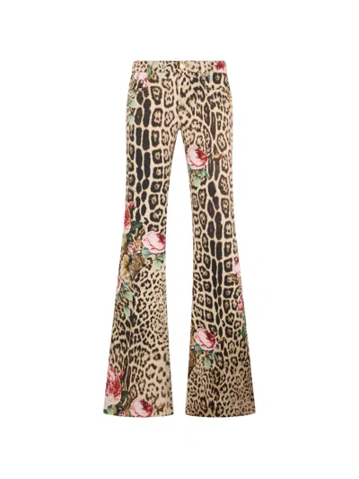 Roberto Cavalli Jaguar-print Floral-print Trousers In Multi