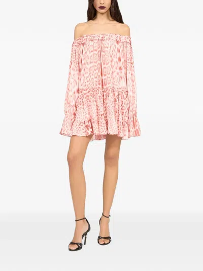 Roberto Cavalli Jaguar-print Off-shoulder Mini Dress In Purple