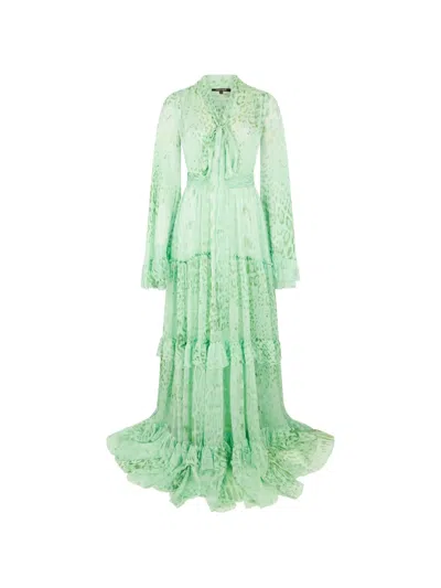 Roberto Cavalli Jaguar-print Ruffled Maxi Dress In Green