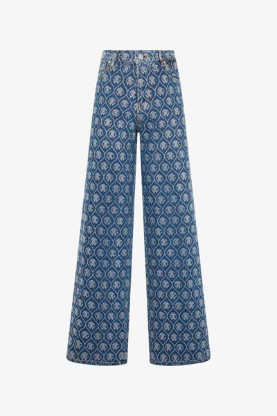 Roberto Cavalli Denim Jeans With All-over Monogram In Rhinestones In Blue