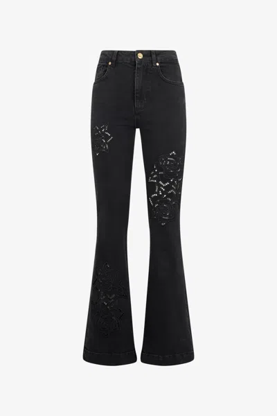 Roberto Cavalli Jeans Flared Black With Floral Embroidery