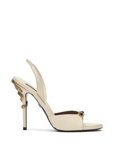 Roberto Cavalli White Sandals With Jeweled Buckle And Snake Detail