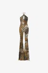 Roberto Cavalli Lycra Printed Halterneck Flared Jumpsuit In Light Brown