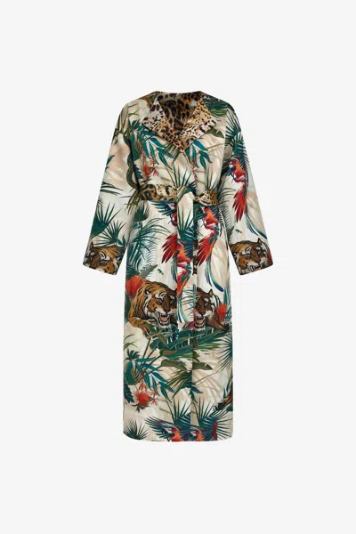 Roberto Cavalli Jungle Print Belted Coat In Green