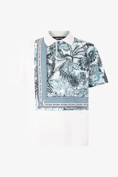 Roberto Cavalli Jungle Print Polo With Lettering In Light Blue