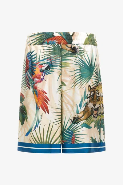 Roberto Cavalli Jungle-print Silk Shorts In Green