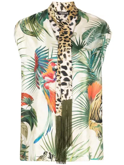 Roberto Cavalli Jungle-print Tie-neck Silk Top In Neutrals