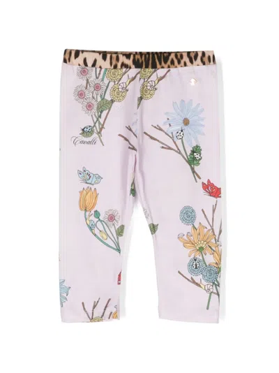 Roberto Cavalli Junior Babies' Floral-print Cotton Leggings In Purple
