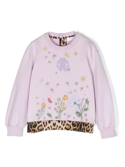 Roberto Cavalli Junior Babies' Floral-print Cotton Sweatshirt In Purple