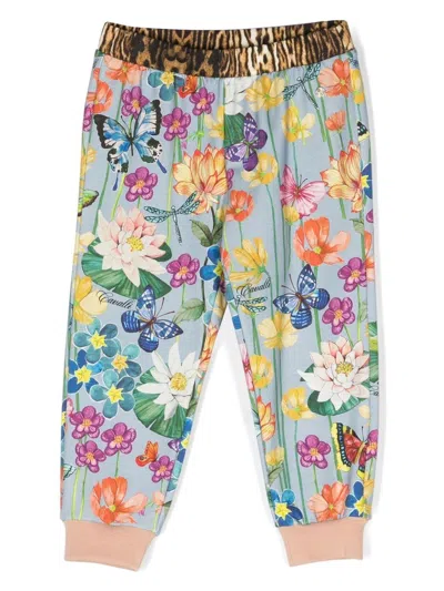 Roberto Cavalli Junior Babies' Floral-print Cotton Trackpants In Blue