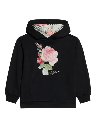 Roberto Cavalli Junior Kids' Floral-print Hoodie In Black