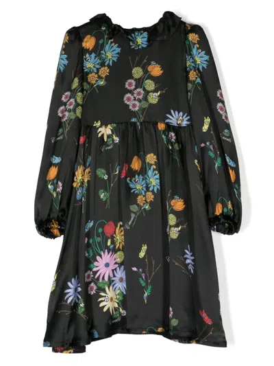 Roberto Cavalli Kids' Floral-print Long-sleeve Dress In Black