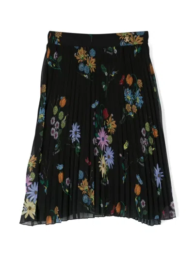 Roberto Cavalli Junior Kids' Floral-print Pleated Skirt In Black