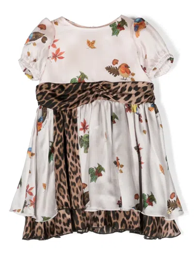 Roberto Cavalli Junior Babies' Floral-print Silk Dress In Neutrals