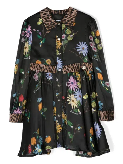 Roberto Cavalli Kids' Floral-print Silk Shirt Dress In Black