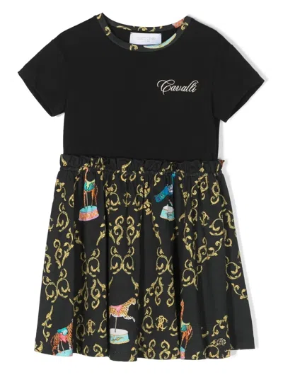 Roberto Cavalli Junior Kids' Graphic-print Cotton Skater Dress In Black
