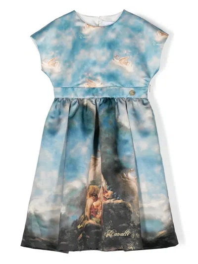 Roberto Cavalli Kids' Graphic-print Pleated Dress In Blue