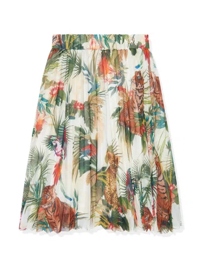 Roberto Cavalli Kids' Jungle-print Silk Skirt In White