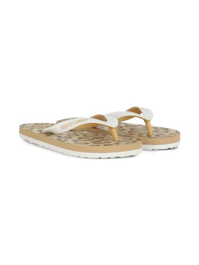 Roberto Cavalli Junior Kids' Leopard-print Flip Flops In White