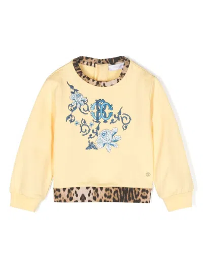 Roberto Cavalli Junior Babies' Leopard-trimmed Embroidered Sweatshirt In Yellow