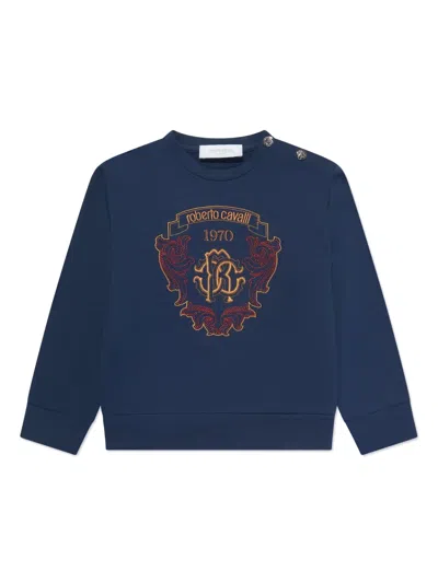 Roberto Cavalli Kids' Logo-embroidered Cotton Sweatshirt In Blau