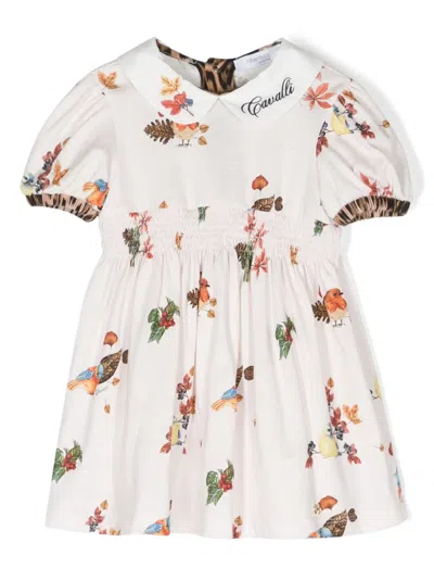 Roberto Cavalli Junior Babies' Logo-embroidered Graphic-print Dress In Neutrals