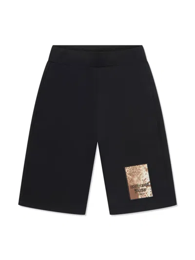 Roberto Cavalli Kids' Logo-patch Cotton Track Shorts In Black