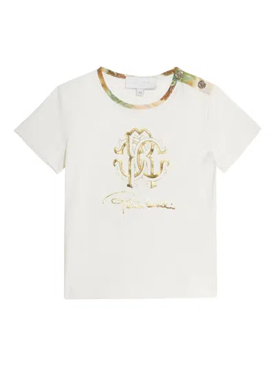 Roberto Cavalli Junior Kids' Logo-print Button-detail T-shirt In White