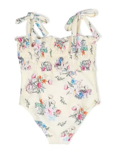 Roberto Cavalli Junior Kids' Printed Tie-strap Swimsuit In Yellow
