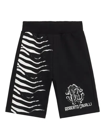 Roberto Cavalli Kids' Zebra-print Track Shorts In Black