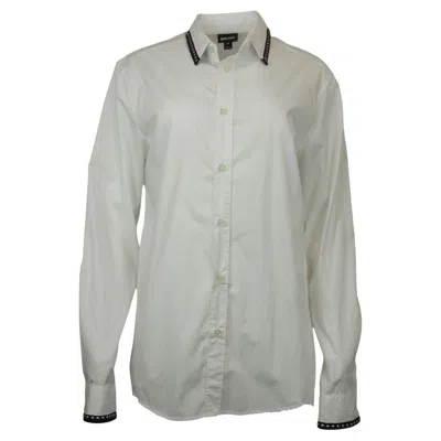 Pre-owned Roberto Cavalli Just Cavalli White Cotton Blouse W. Silver Stud Trim Collar