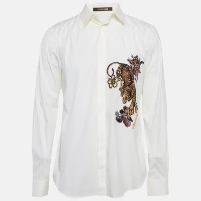 Pre-owned Roberto Cavalli Just Cavalli White Tiger Embroidered Cotton Button Front Shirt L