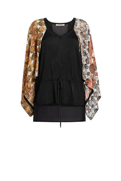 Roberto Cavalli Stripes & Coins Print Kaftan Top In Black