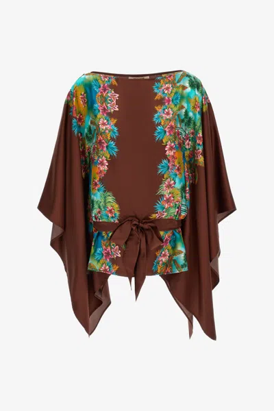 Roberto Cavalli Kaftan With Hawaii Print In Dark Brown/light Blue