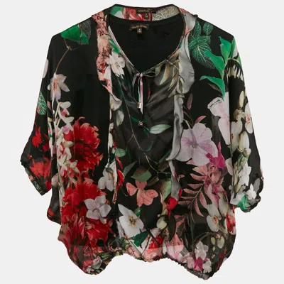 Pre-owned Roberto Cavalli Kids Black Floral Print Silk Top 8 Yrs